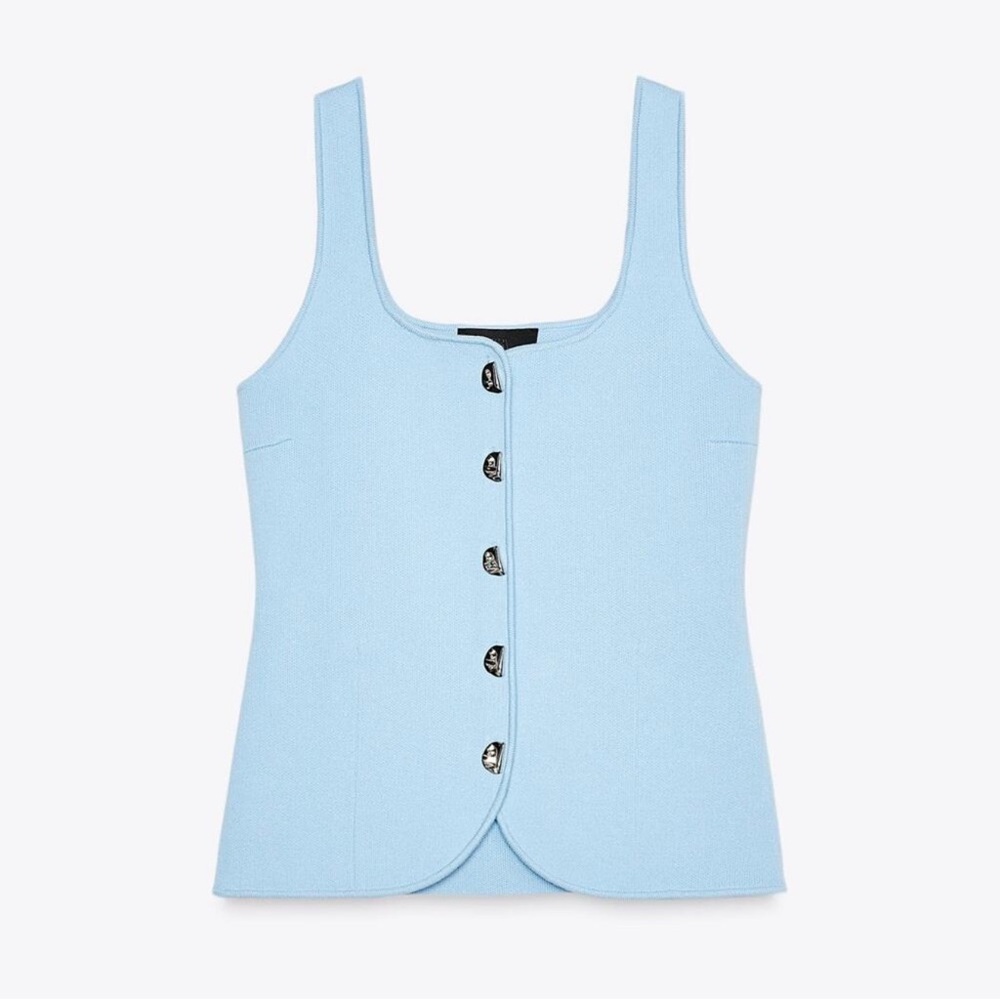 NWT Zara Knit Corset Tank Top Light Blue Silver Button Front Size Large Pastel